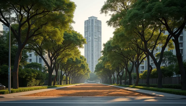 Illustration of a leafy tree-lined boulevard with modern residential towers in the distance at dusk