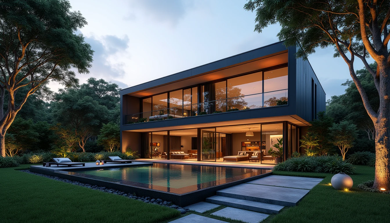 Illustration of a quiet luxury apartment building with a landscaped garden and pool at dusk in a leafy city neighbourhood